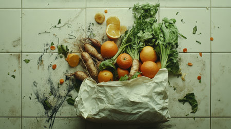 A vibrant display of fresh organic produce featuring citrus fruits and verdant greens artistically arranged on a rustic table surface.の素材