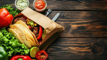 A delightful arrangement of fresh tacos served in a takeout box, surrounded by vibrant vegetables and sauces, ideal for any meal occasion.の素材