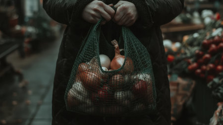 A person holds a green mesh bag brimming with fresh vegetables, showcasing the vibrant colors and textures in an outdoor market during autumn.の素材