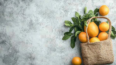 A visually appealing setup featuring fresh oranges arranged in a woven basket complemented by green foliage, ideal for healthy eating themes and food photography.の素材