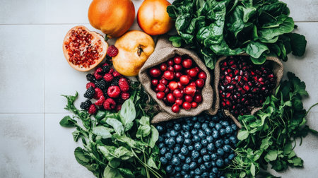 A stunning display of fresh fruits and leafy greens arranged artistically on a gray surface, showcasing a vibrant array of colors and textures perfect for health-focused recipes.の素材