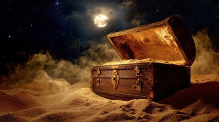 An enchanting scene showcasing an open treasure chest on the sandy desert under the moonlight, surrounded by clouds and stars, evoking a sense of adventure.の素材