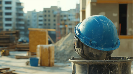 A blue hard hat rests on a construction container at a building site, showcasing various materials and urban development in the background.の素材