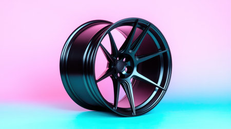 A sleek black alloy wheel displayed prominently on a vibrant pink and blue gradient background, emphasizing a modern design and shiny finish.の素材