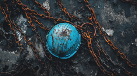 A vibrant blue hard hat rests on a textured surface, surrounded by rusty chains, creating an industrial and gritty atmosphere. Ideal for construction themes.の素材