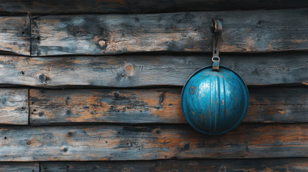 A striking image showcasing a blue metallic helmet hanging on a rustic wooden wall. The unique textures and colors highlight craftsmanship and vintage charm, perfect for home decor or construction themes.の素材