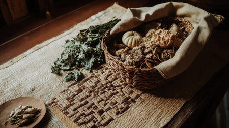 A beautiful arrangement showcasing assorted dried herbs and vegetables in a woven basket on a rustic table, ideal for culinary and nature enthusiasts.の素材