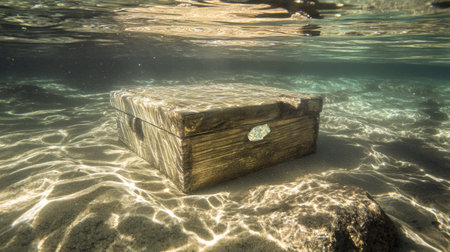 This captivating underwater image features a wooden box resting on the sandy ocean floor, illuminated by gentle sunlight filtering through the water. The tranquil marine environment offers a sense of serenity and mystery, inviting exploration.の素材