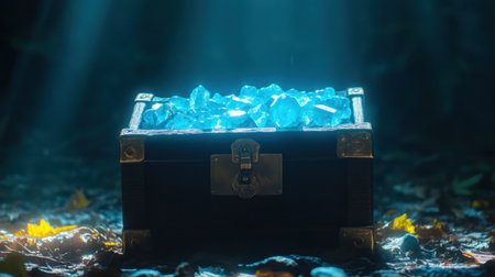 A treasure chest overflowing with vibrant blue crystals glows in a serene forest scene, creating a magical and inviting atmosphere perfect for adventure.の素材