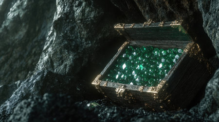 A beautiful treasure chest overflowing with sparkling emerald gemstones sits amidst rugged rocks in a dimly lit cave, evoking feelings of adventure and mystery.の素材