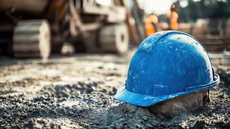 A blue hard hat rests partially buried in gravel at a construction site, with machinery and safety-aware workers visible in the background, emphasizing safety.の素材