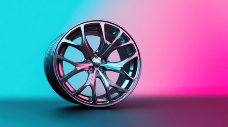 A sleek and stylish alloy wheel showcased against a vibrant pink and blue background. Perfect for automotive enthusiasts and design lovers.の素材