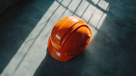 A striking orange safety helmet sits alone on a concrete floor, beautifully lit by sunlight casting dramatic shadows, emphasizing construction safety.の素材