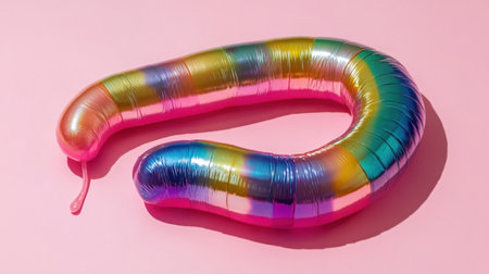 A whimsical and colorful inflatable float resembling a snake, set against a soft pink background, perfect for summer fun and leisure activities.の素材