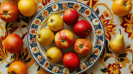 This image showcases an appealing arrangement of fresh fruits, including apples and pears, presented on an artistic plate against a vibrant textile background, perfect for food-related themes.の素材