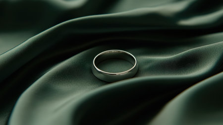 A stunning silver wedding band rests gracefully on lush green satin fabric, capturing the essence of elegance and simplicity in its design.の素材