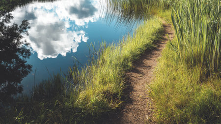 Discover a tranquil pathway that winds alongside a serene body of water, reflecting lush greenery and fluffy clouds, embodying the essence of nature's beauty.の素材