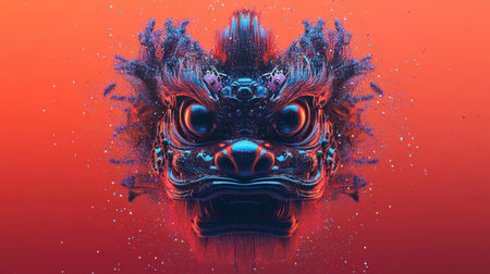 A captivating digital artwork showcasing an intricate representation of a mythical creature's face. The vivid colors and abstract patterns create a mesmerizing visual experience.の素材