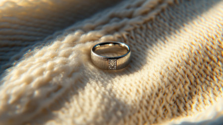 A stunning close-up of a silver band ring with delicate details, resting on soft knitted fabric, illuminated by warm sunlight, symbolizing elegance.の素材
