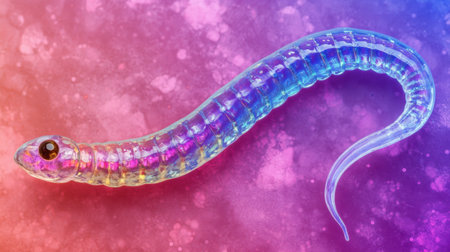 A stunning close-up of a colorful, transparent snake-like creature set against a vibrant pink and purple background. This image highlights the fascinating anatomy and beauty of wildlife.の素材