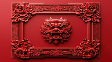 This stunning image features an intricate red decorative frame with a dragon motif, showcasing elegance and cultural richness, perfect for artistic endeavors.の素材