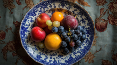A stunning arrangement of fresh fruits including apples, oranges, grapes, and plums sits on a vintage plate. The colorful display contrasts beautifully with a floral background. Perfect for health, nutrition, and food themes.の素材