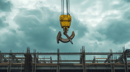 A vibrant yellow crane hook hangs above a construction site, framed by a dynamic sky filled with clouds. The industrial scene captures progress in building and infrastructure.の素材