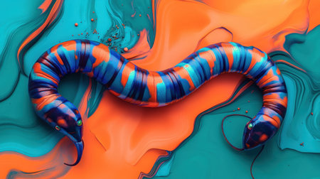 A striking abstract illustration depicting a colorful snake emerging from a vibrant fluid background, showcasing swirling patterns and vivid hues.の素材