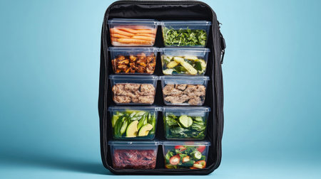 This image showcases an organized backpack filled with transparent containers, perfect for meal prep, promoting healthy eating habits for active individuals.の素材