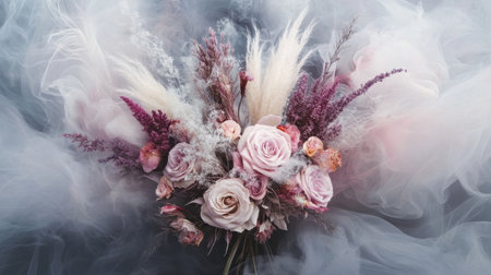 A captivating floral arrangement featuring soft pink roses and an assortment of stylish dried flowers, set against an ethereal background. Perfect for weddings or decor.の素材