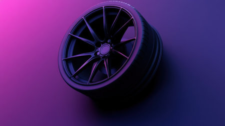 A sleek black alloy wheel with a high-performance tire rests against a vibrant purple and pink background, showcasing modern automotive design and craftsmanship.の素材