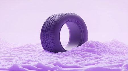 This image features a single black tire placed on a soft purple textured surface, creating an abstract and modern aesthetic that emphasizes minimalism.の素材