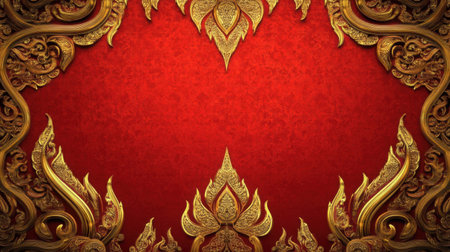 This stunning ornate gold frame design on a rich red background provides an elegant and festive touch perfect for various decorative needs.の素材