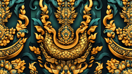 Stunning floral pattern featuring vibrant gold and teal colors, perfect for artistic projects, wallpapers, textiles, or elegant designs, showcasing intricate details.の素材