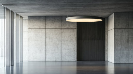 A spacious and empty minimalist interior showcasing concrete walls with a striking round ceiling light, creating an inviting and modern atmosphere.の素材