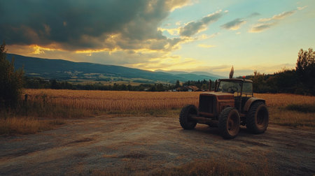 A rustic tractor stands alone in a golden field at sunset, surrounded by rolling hills and dramatic clouds, showcasing the beauty of rural life.の素材