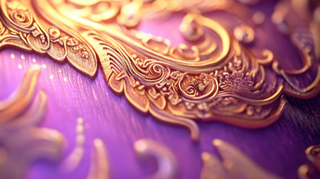 This stunning close-up image showcases exquisite golden patterns intertwined with a vibrant purple background, highlighting intricate details and artistic craftsmanship.の素材
