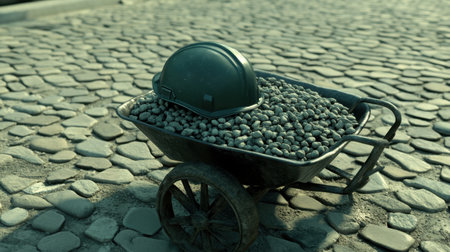 A wheelbarrow loaded with small stones sits on a cobblestone street, topped with a green helmet, depicting a scene of construction and hard work.の素材