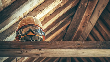 This image showcases a construction safety helmet and goggles positioned on a wooden beam, emphasizing the importance of safety in the building industry.の素材