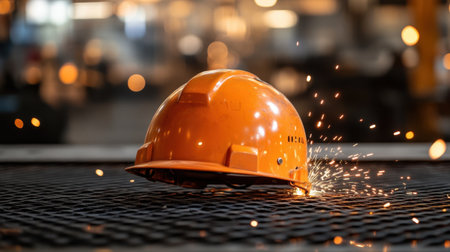 An orange safety helmet rests on a metal surface amidst flying sparks in an industrial setting, symbolizing workplace safety and protection measures.の素材