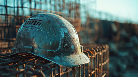 A close-up view of a weathered hard hat resting on metal rebar at an industrial construction site, symbolizing safety and labor in progress.の素材