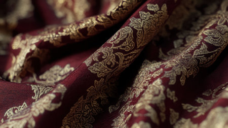 This stunning fabric features a rich red base adorned with intricate gold patterns, perfect for creating elegant garments or luxurious home textiles.の素材
