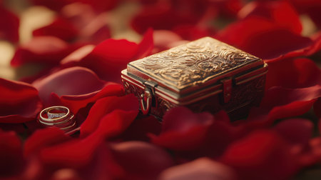 A vintage jewelry box beautifully rests on vibrant red rose petals, accompanied by a silver ring, creating an elegant and romantic atmosphere perfect for special moments.の素材