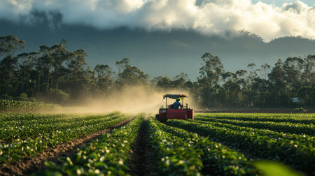 A serene scene of a farmer operating a tractor in expansive green fields, surrounded by mountains and a dramatic sky, capturing the essence of agriculture.の素材