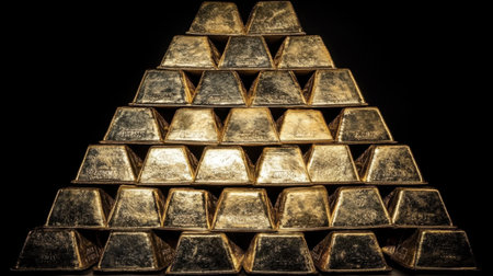 A striking arrangement of gleaming gold bars stacked in a pyramidal formation, reflecting light and symbolizing wealth, luxury, and prestige.の素材