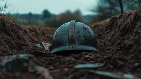 A gritty image of a rusty military helmet partially buried in the earth, capturing the essence of history and conflict in a battlefield setting.の素材