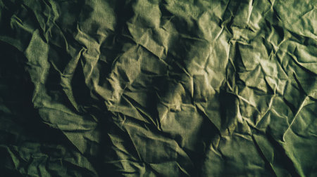 This image showcases a crumpled fabric texture in deep green hues, perfect for backgrounds or textile designs. The intricate folds and shadows create a visually appealing aesthetic, ideal for creative projects.の素材