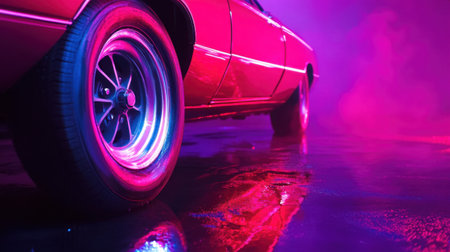 A striking image of a classic car illuminated by neon lights, showcasing vibrant colors and reflections on a wet surface, creating a dramatic atmosphere.の素材
