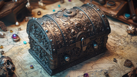 A beautifully crafted treasure chest sits on an aged map, surrounded by colorful gems and antique pieces, evoking a sense of adventure and history.の素材