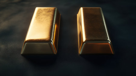 This image showcases two shiny gold bars resting elegantly on a dark textured surface, symbolizing wealth, luxury, and financial stability. Perfect for economic themes.の素材